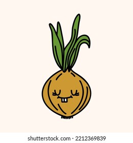 Cute onion farm organic vegetable. Hand draw illustration. Kawaii face. Doodle style. Vector on isolated background. For printing on paper and fabric, children's illustration