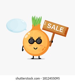 Cute onion mascot with the sales sign