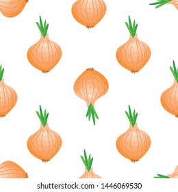 Cute onion seamless pattern. Onion for farm market, vegetarian salad recipe design. Vector illustration.