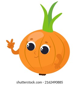 The cute onion smiles, the vegetable has a face, eyes, hands and is happy. Character design in cartoon style isolated on white background for kitchen textile.