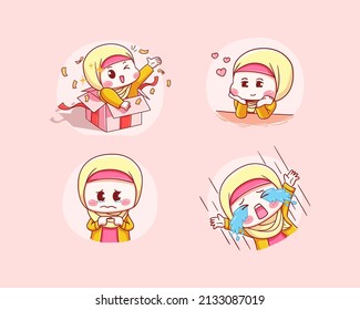 Cute Online Seller with Hijab Give Surprise from Present Box, Fall in Love, feel guilty and crying out loud Manga Chibi Illustration