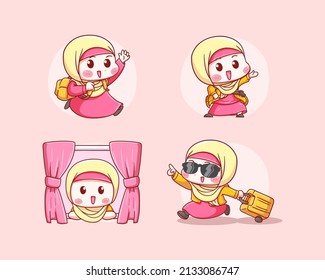 Cute Online Seller with Hijab running go to school, pointing on announcement, Open Window, and Bring Suitcase for Holiday Manga Chibi Illustration