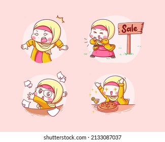Cute Online Seller with Hijab surprised, Announcing Sale, Throw Paper, and Excited To Eat Food Manga Chibi Illustration