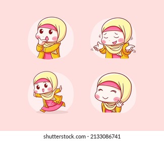 Cute Online Seller with Hijab Thinking, dont know, running, and Wave Hi Manga Chibi Illustration