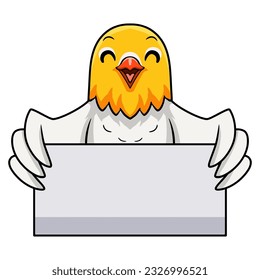 Cute opaline pale fallow lovebird cartoon holding blank sign