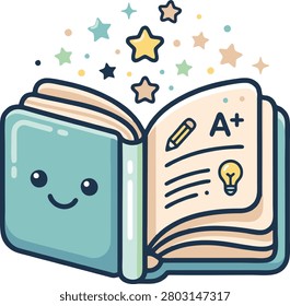 Cute open book character with a plus grade and stars education learning character lightbulb knowledge academic minimalist literacy achievement backtoschool elementary teaching positive