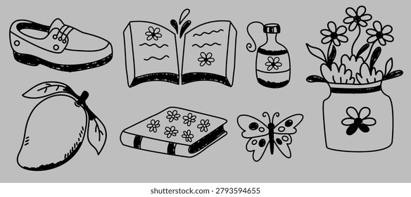 cute open book and flying butterfly doodle bundle set