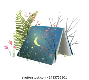 Cute open book in nature, standing like a tent. Reading and fairytale illustration of book with stars and moon on cover, kids clipart. Vector hand drawn illustration in watercolor style for children.