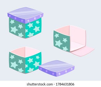 Cute open and close green cardboard present gift box with stars pattern for surprise. Colored vector isolated isometric illustration in cartoon style