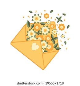 Cute open envelope with flowers, petals and leaves falling from it. Isolated element in the white background. Flat style illustration.