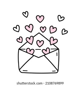 Cute open envelope with flying hearts isolated on white background. Vector hand-drawn illustration in doodle style. Perfect for Valentine's Day designs, cards, invitations, decorations.