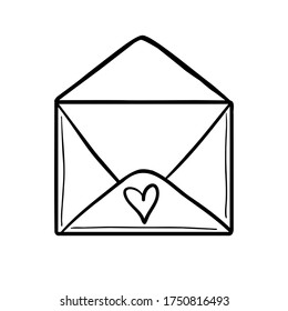Klare, offene Hülle mit einem Herz. Ein Brief, ein Umschlag mit Liebe. Für Grußkarten, Poster, Aufkleber und professionelles Design. Doodle-Handzeichnung. Vektorgrafik.