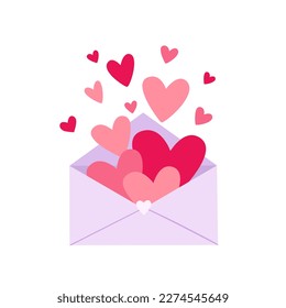 Cute open envelope with hearts on white background