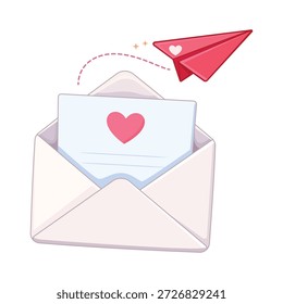 Sobre abierto lindo con la carta de amor y el icono de Ilustración vectorial de avión de papel rojo volador aislado