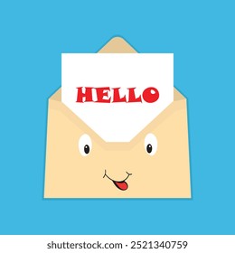 Cute open envelope with the message hello