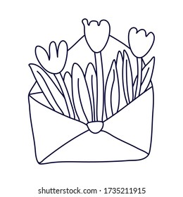 A cute open envelope with tulip flowers in doodle style. Hand drawn vector illustration in black ink isolated on white background. Great for coloring book.