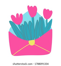 A cute open envelope with tulip flowers in flat cartoon style. Hand drawn vector illustration isolated on white background. Yellow, turquoise and pink colors. Great for kids design.