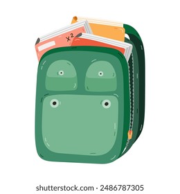 Cute open kids schoolbag with books and notebooks . Cartoon back to school rucksack or bag full of school supplies and stuff. Hand drawn backpack for children, students. Vector childish illustration.