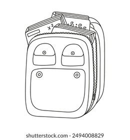 Cute open kids schoolbag with books and notebooks . Doodle back to school rucksack or bag full of school supplies and stuff. Hand drawn outline backpack for children, students. Childish illustration