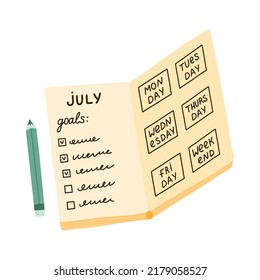 Rufen Sie das offene Notebook mit Toren und Plänen im Monat auf. Planer für das Schreiben von Zielen, Pläne für die Woche. Trendy stylisierte Clipart in Pastellfarben. handgezeichnete Vektordoodgrafik einzeln auf Hintergrund