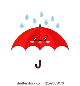 Cute open smile umbrella with rain cartoon character emoji icon. Funny red parasol mascot emoticon with face. Happy umbrellas flat kawaii clip art vector illustration.