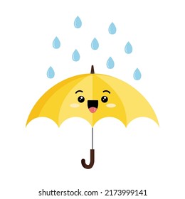 Cute open umbrella with rain drop cartoon character emoji icon. Funny yellow parasol mascot emoticon with face. Happy umbrella flat kawaii clip art vector illustration.
