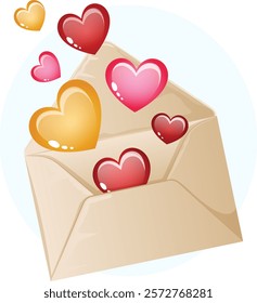 Cute Opened Love Letter with Colorful Hearts Comming Out. Cartoon Valentine Element Illustration 