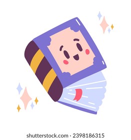Cute opened magic book character flat vector illustration isolated on white.