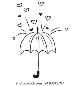 Cute abrió el paraguas bajo la hermosa lluvia de corazones. Los corazones pequeños caen del aire. Dibujo vectorial dibujado a mano en estilo doodle simple grabado. Amor, tarjeta de saludo del día de San Valentín feliz
