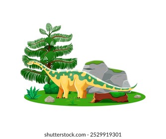 Lindo personaje de dinosaurio prehistórico de opisthocoelicaudia. Personaje de Vector animal dino jurásico, divertido reptil prehistórico, piedra de montaña y árbol forestal. Dinosaurio saurópodo extinto del período Cretácico