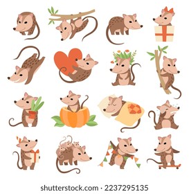 Cute Opossum Animal Engaged in Different Activity Big Vector Set