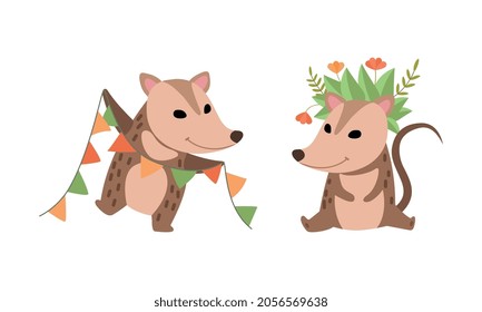 Cute Opossum Animal Holding Garland and Sitting with Flower Wreath on Its Head Vector Set