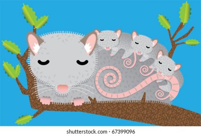 Cute Opossum and Babies asleep. Vector illustration in whimsical children's art style