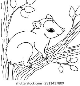 Cute opossum climbing on the tree. Coloring page for kids. Black and white vector illustration.