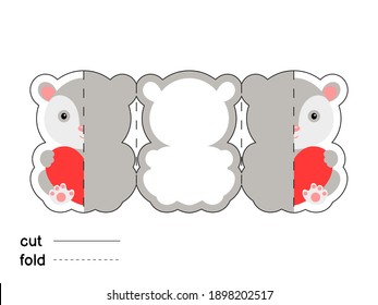 Geruchtes Opossum hält Herz. Falten Sie lange Grußkartenvorlage. Ideal für den Valentinstag, Geburtstage, Babyduschen. Druckbares Farbschema. Drucken, schneiden, falten. Farbige Vektorgrafik.