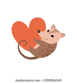 Cute Opossum Holding Big Red Heart, Adorable Wild Animal Cartoon Character Vector Illustration