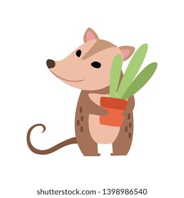 Cute Opossum Holding Flower Pot with Houseplant, Adorable Wild Animal Cartoon Character Vector Illustration