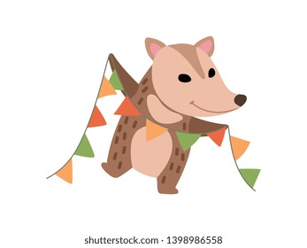 Cute Opossum with Party Flags, Adorable Wild Animal Cartoon Character at Party Vector Illustratio