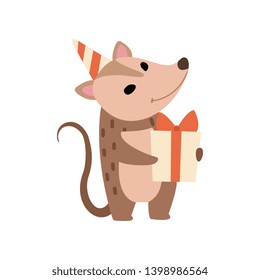 Cute Opossum in Party Hat Standing with Gift Box, Adorable Wild Animal Cartoon Character Vector Illustration