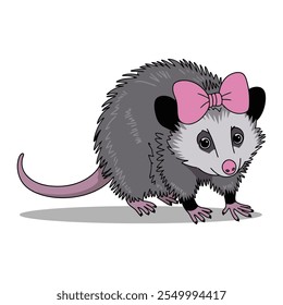 Cute Opossum with Pink Bow Cartoon Illustration