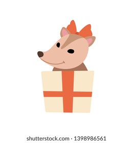 Cute Opossum with Red Bow on its Head Holding Gift Box, Adorable Wild Animal Cartoon Character Vector Illustration