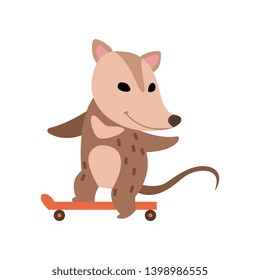 Cute Opossum Riding on Skateboard, Adorable Wild Animal Cartoon Character Vector Illustration