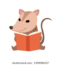 Cute Opossum Sitting and Reading Book, Adorable Wild Animal Cartoon Character Vector Illustration