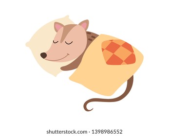 Cute Opossum Sleeping in Bed, Adorable Wild Animal Cartoon Character Vector Illustration