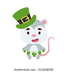 Cute opossum in St. Patrick's Day leprechaun hat holds shamrocks. Irish holiday folklore theme. Cartoon design for cards, decor, shirt, invitation. Vector stock illustration.