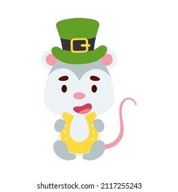 Cute opossum St. Patrick's Day leprechaun hat holds horseshoe. Irish holiday folklore theme. Cartoon design for cards, decor, shirt, invitation. Vector stock illustration.