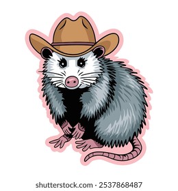 Cute opossum wearing cowboy hat cartoon illustration