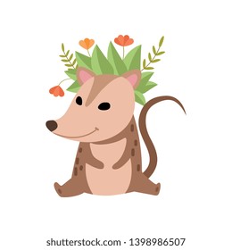 Cute Opossum Wearing Wreath of Flowers, Adorable Wild Animal Cartoon Character Vector Illustration