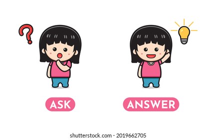 Cute opposite ask and answer, words antonym for children cartoon icon illustration. Design isolated flat cartoon style