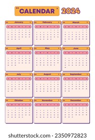 Cute orange 2024 calendar layout template, perfect for office, company, school, social media, advertising, printing and more